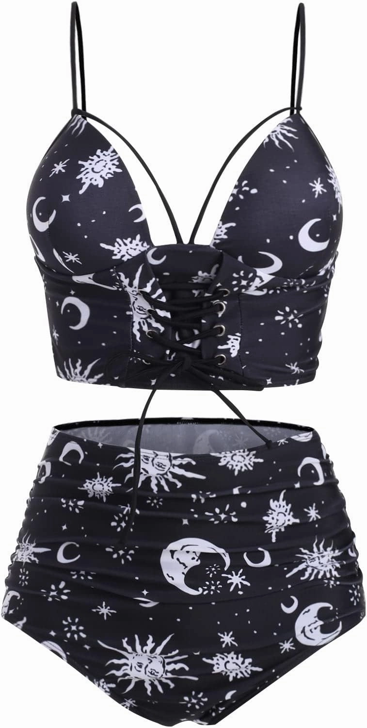 DRESSFO Women's High Waisted Bikini Sets Two Piece Padded Retro Vintage Tummy Control Swimsuit Gothic Bathing Suit