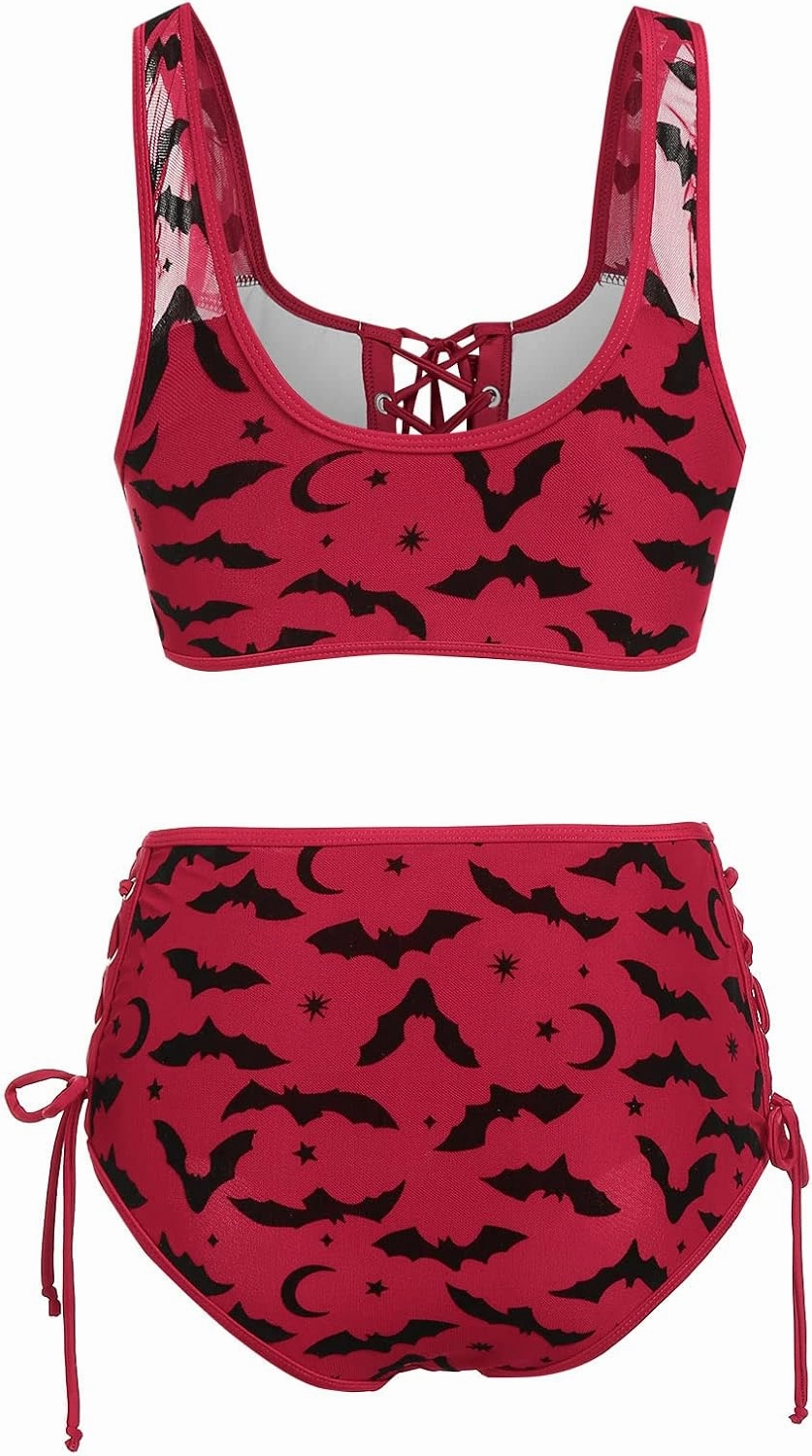 DRESSFO Women's High Waisted Bikini Sets Two Piece Padded Retro Vintage Tummy Control Swimsuit Gothic Bathing Suit