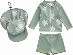 DuAnyozu Baby Boys Swimsuit Long Sleeve Rash Guard Swimwear Baby Boy Swim Trunk with Hat Toddler 4th of July Bathing Suit