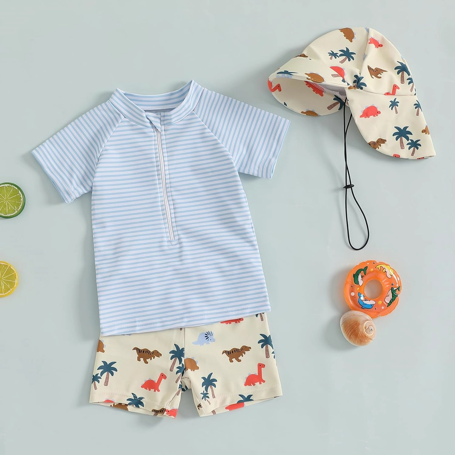 DuAnyozu Baby Boys Swimsuit Long Sleeve Rash Guard Swimwear Baby Boy Swim Trunk with Hat Toddler 4th of July Bathing Suit