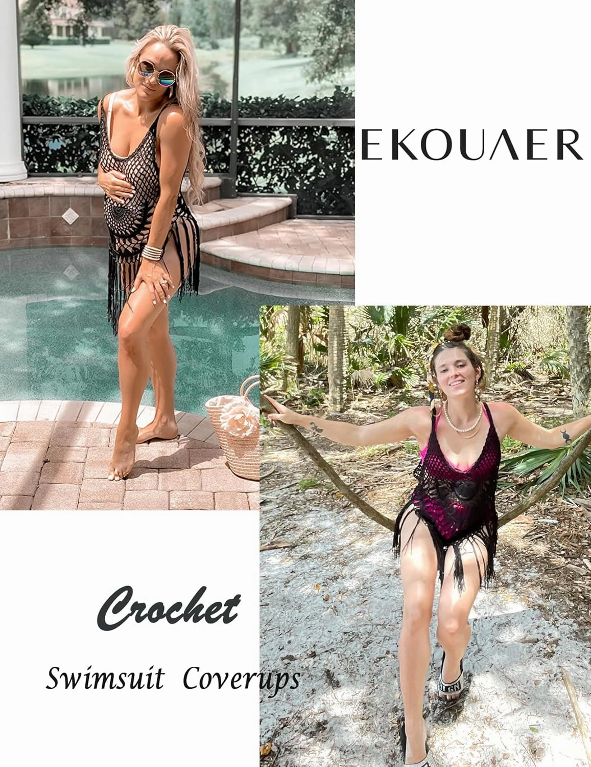 Ekouaer Beach Swimsuit Cover Up Women Crochet Bikini Coverups Summer Pool Swimwear Tassel Dress