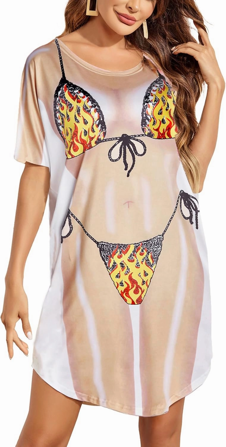 Ekouaer Women's Bikini Shirt Cover Up Short Sleeve Cute Bikini Print Cover-Up Baggy T Shirt Dress Fun Wear