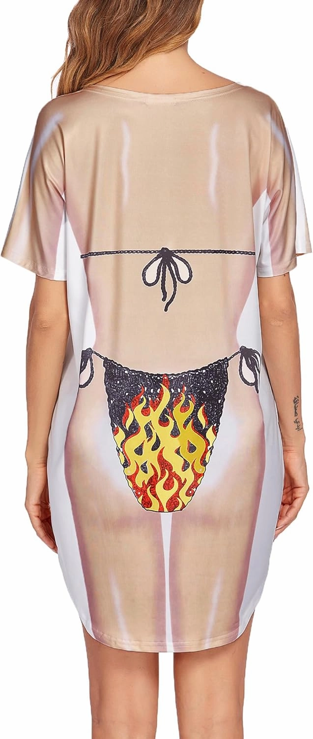 Ekouaer Women's Bikini Shirt Cover Up Short Sleeve Cute Bikini Print Cover-Up Baggy T Shirt Dress Fun Wear