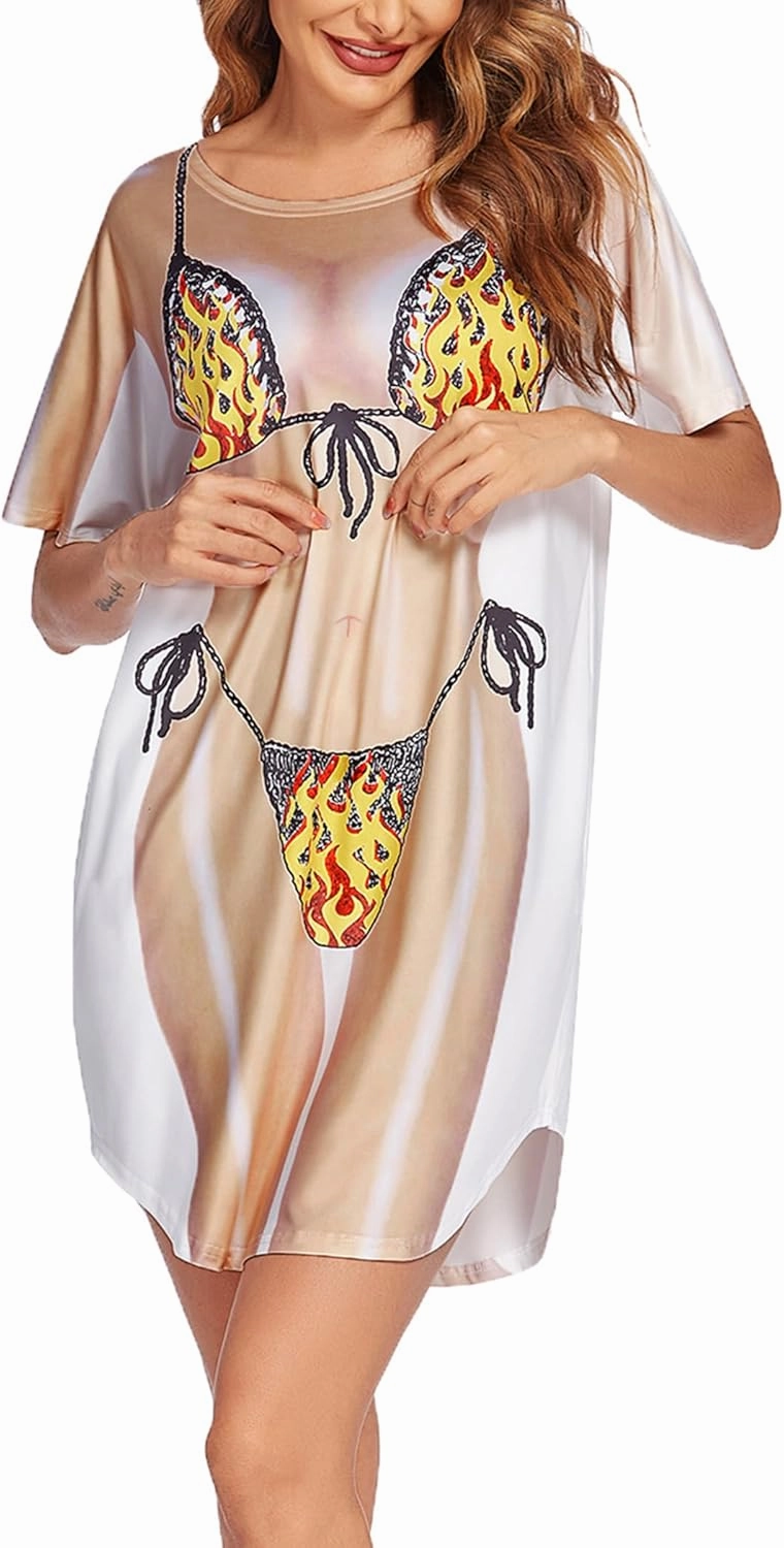 Ekouaer Women's Bikini Shirt Cover Up Short Sleeve Cute Bikini Print Cover-Up Baggy T Shirt Dress Fun Wear