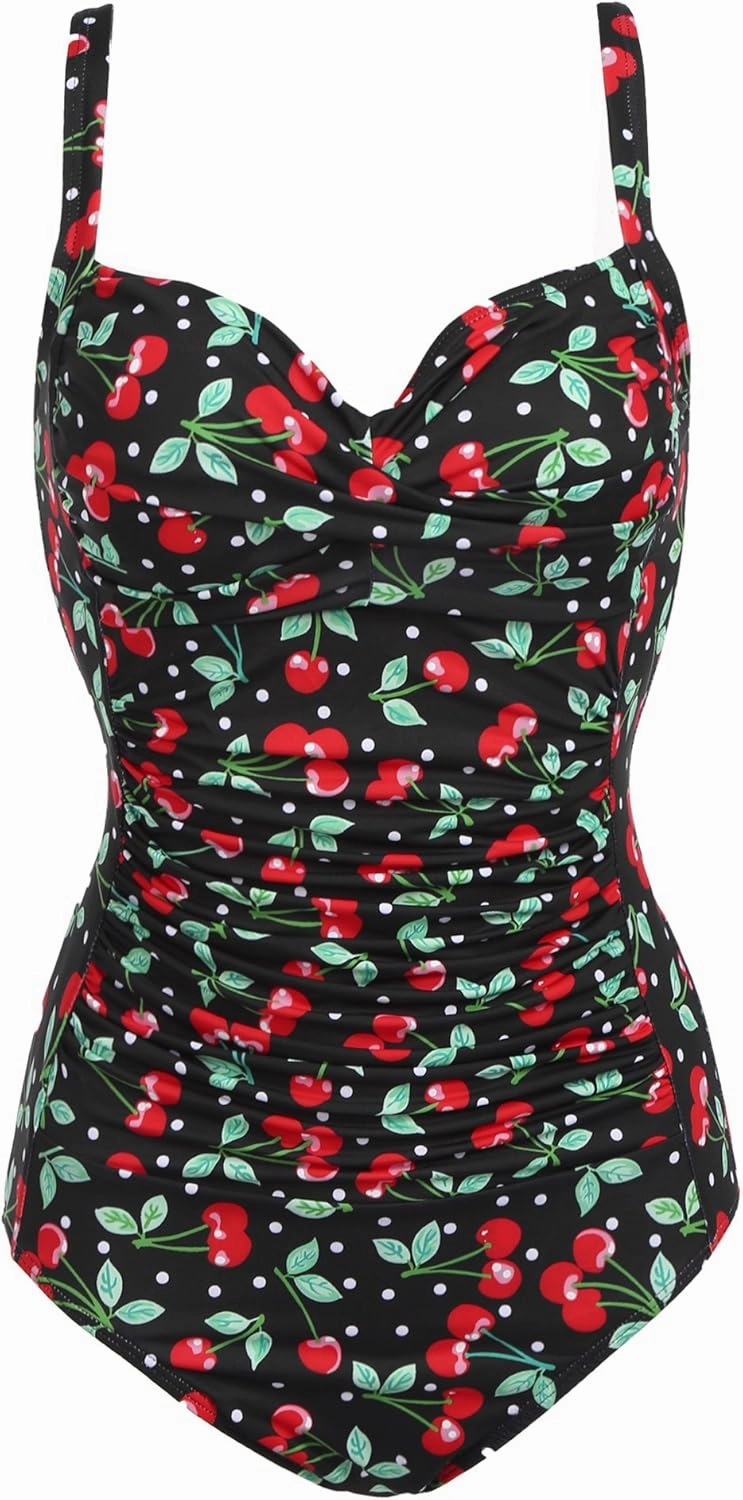 Ekouaer Women's One Piece Swimsuit Ruched Tummy Control Bathing Suits Vintage Retro Push Up Swimwear