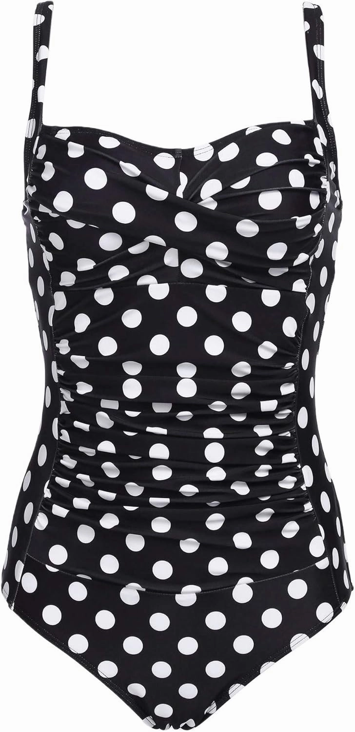 Ekouaer Women's One Piece Swimsuit Ruched Tummy Control Bathing Suits Vintage Retro Push Up Swimwear