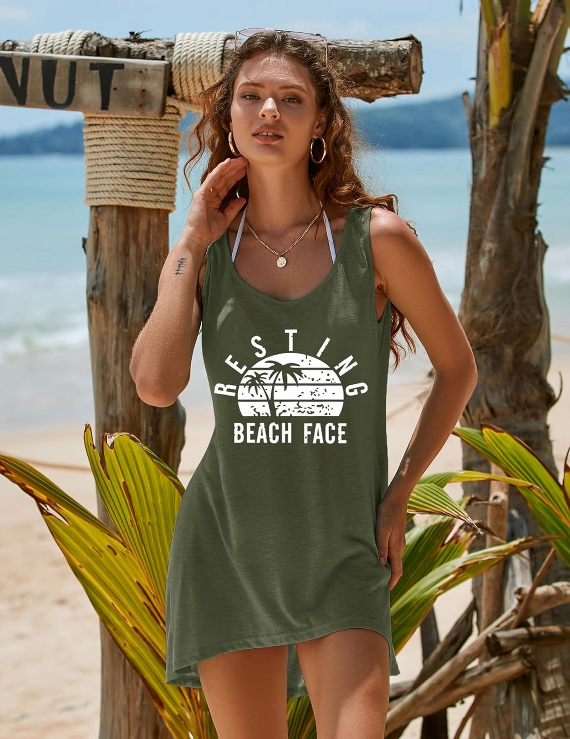 Ekouaer Women's Sleeveless Swimwear Coverups T-Shirt Beach Dress Tank Bikini Cover Up with Print