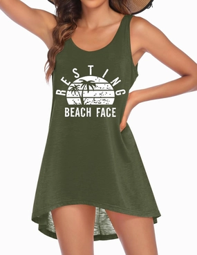 Ekouaer Women's Sleeveless Swimwear Coverups T-Shirt Beach Dress Tank Bikini Cover Up with Print