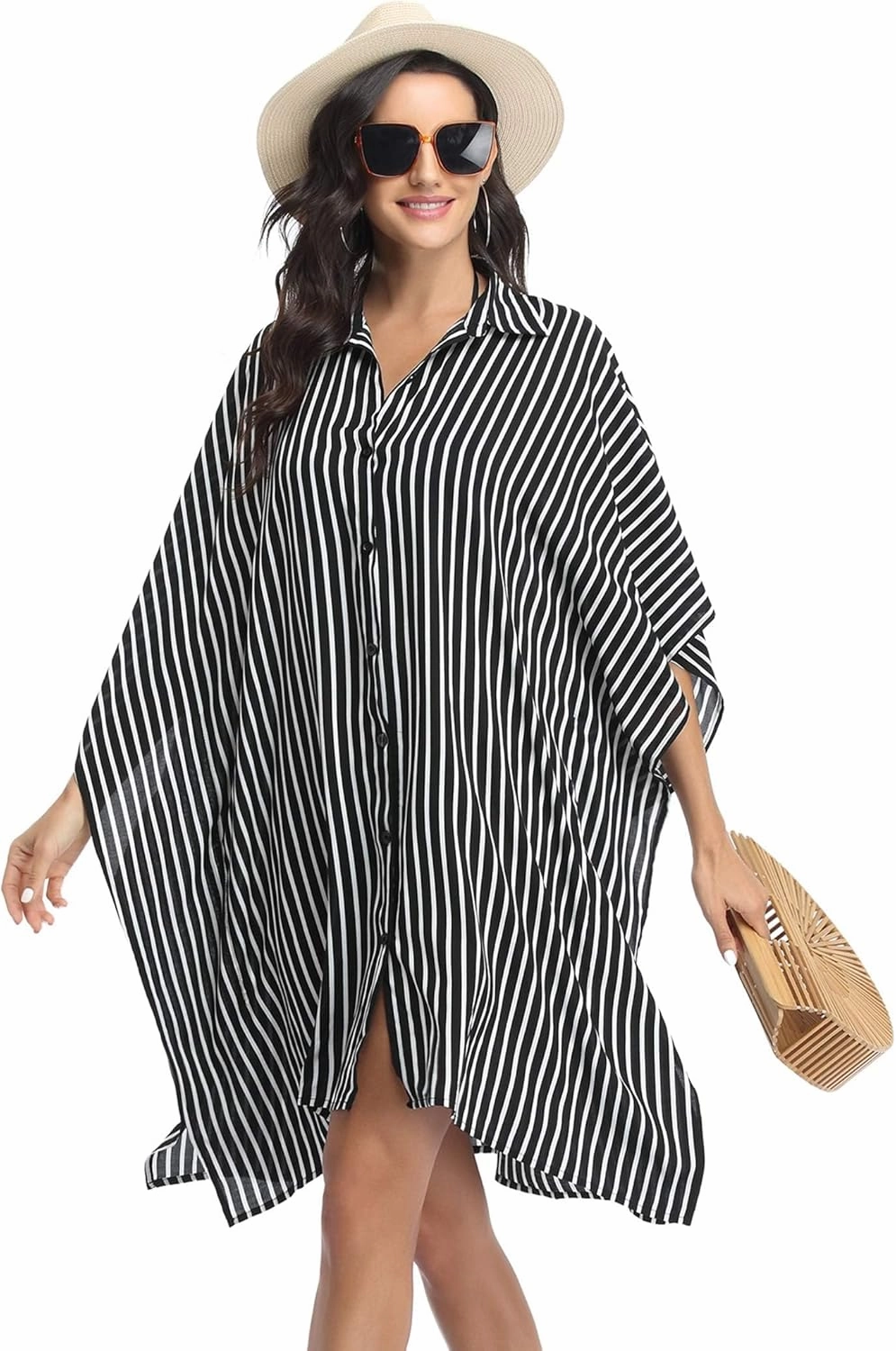 Ekouaer Women's Swimsuit Cover Up 3/4 Sleeve Beachwear Bikini Coverups Button Down Oversized Cover Up Shirt S-3XL
