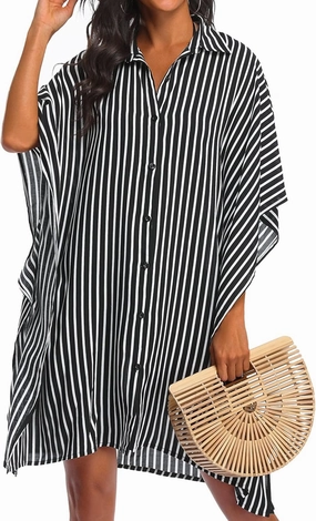 Ekouaer Women's Swimsuit Cover Up 3/4 Sleeve Beachwear Bikini Coverups Button Down Oversized Cover Up Shirt S-3XL