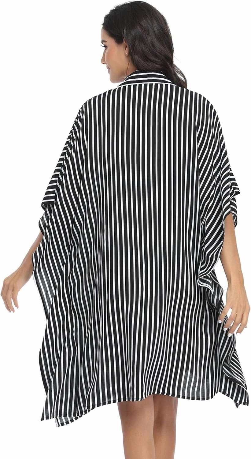 Ekouaer Women's Swimsuit Cover Up 3/4 Sleeve Beachwear Bikini Coverups Button Down Oversized Cover Up Shirt S-3XL