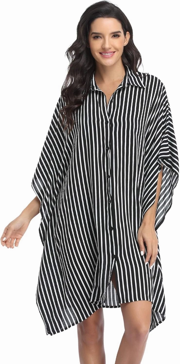 Ekouaer Women's Swimsuit Cover Up 3/4 Sleeve Beachwear Bikini Coverups Button Down Oversized Cover Up Shirt S-3XL