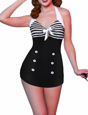 Ekouaer Womens One Piece Swimsuits Vintage Striped Skirt Bathing Suit Vintage Retro Push Up Swimwear