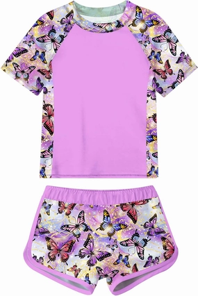 Enlifety 7-14T Girls Swimsuit 2 Piece Bathing Suit Short Sleeve Rash Guard Swimwear Set