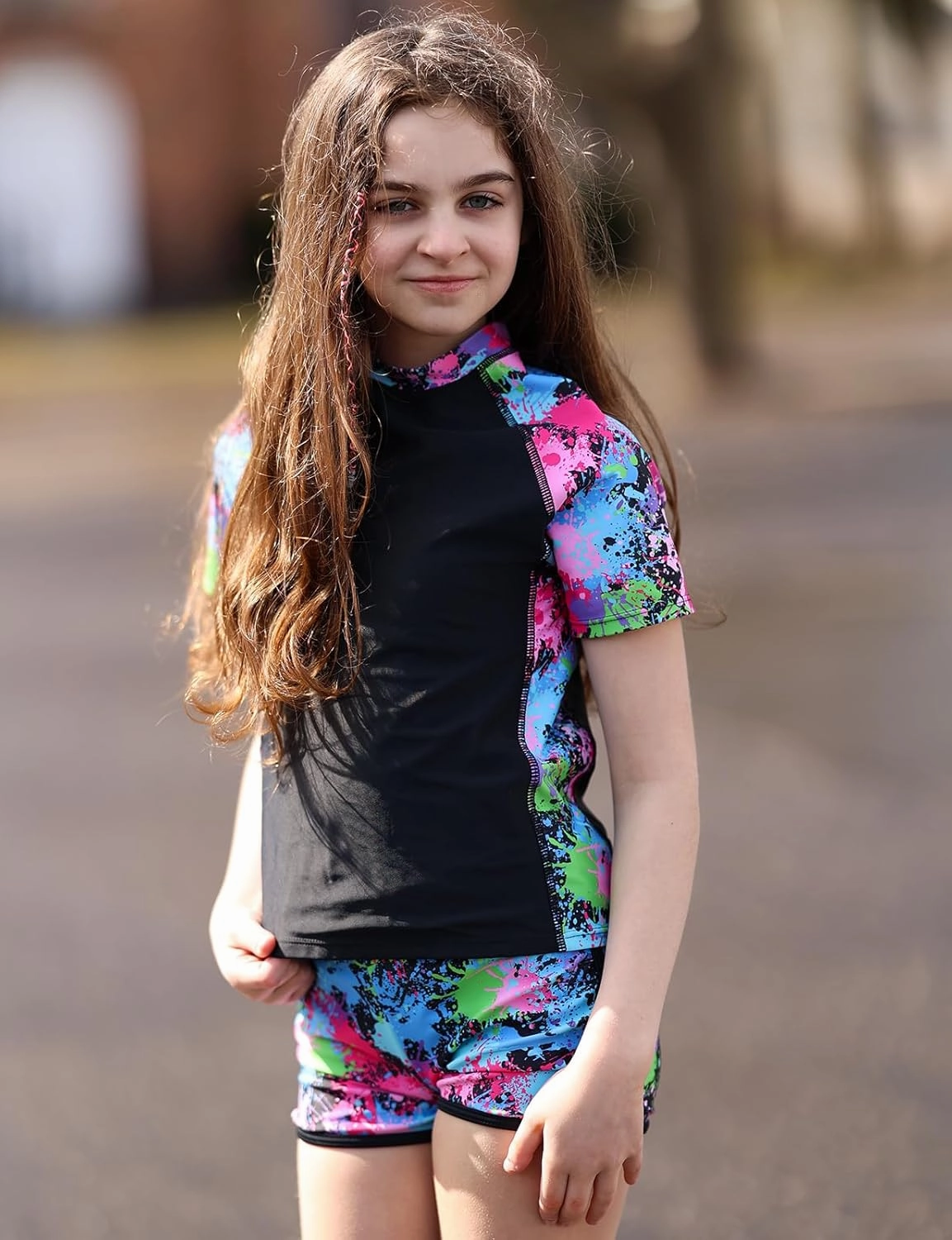 Enlifety 7-14T Girls Swimsuit 2 Piece Bathing Suit Short Sleeve Rash Guard Swimwear Set