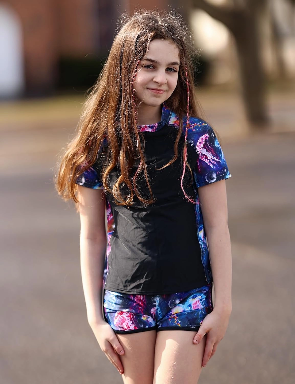 Enlifety 7-14T Girls Swimsuit 2 Piece Bathing Suit Short Sleeve Rash Guard Swimwear Set