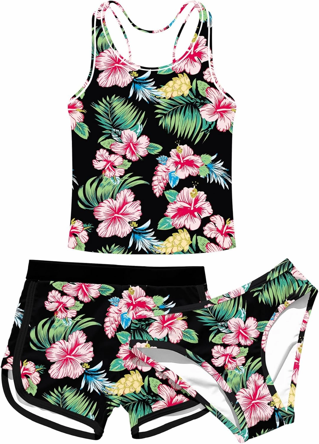 Enlifety 8-15T Kids Girls Swimsuit 3 Piece Bathing Suit Tankini with Shorts