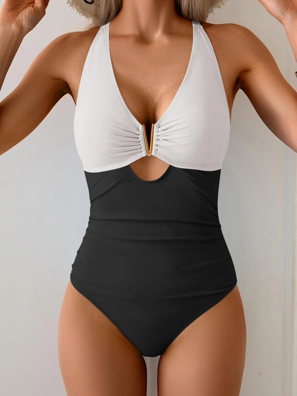 Eomenie One Piece Swimsuit for Women Tummy Control Cutout Bathing Suit V Neck Tie Back Swim Suit