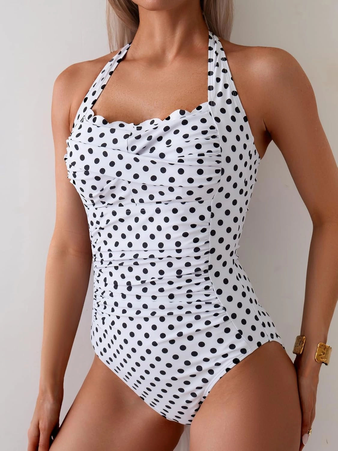 Eomenie Women One Piece Tummy Control Swimsuit Halter Scallop Trim Bathing Suits 1 Piece Vintage Ruched Slimming Swimwear