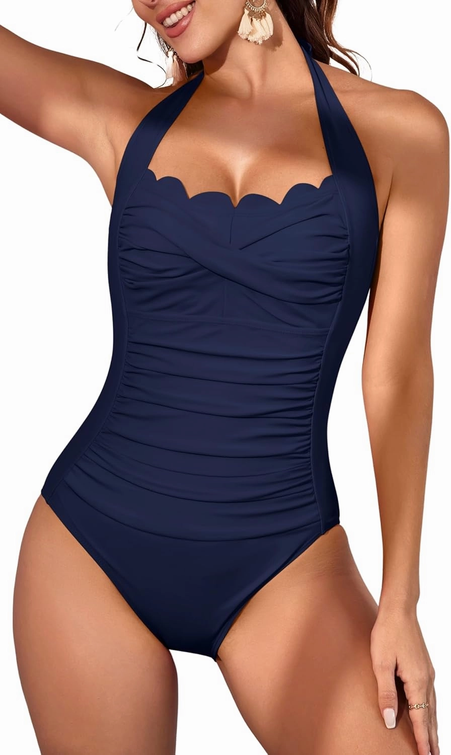 Eomenie Women One Piece Tummy Control Swimsuit Halter Scallop Trim Bathing Suits 1 Piece Vintage Ruched Slimming Swimwear