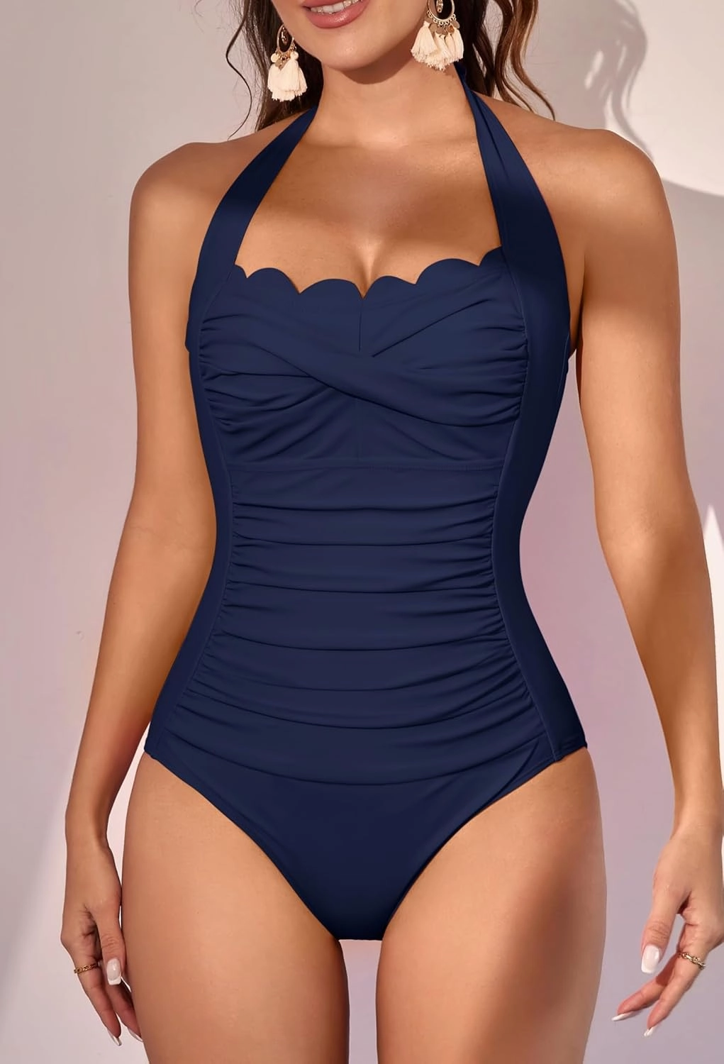 Eomenie Women One Piece Tummy Control Swimsuit Halter Scallop Trim Bathing Suits 1 Piece Vintage Ruched Slimming Swimwear