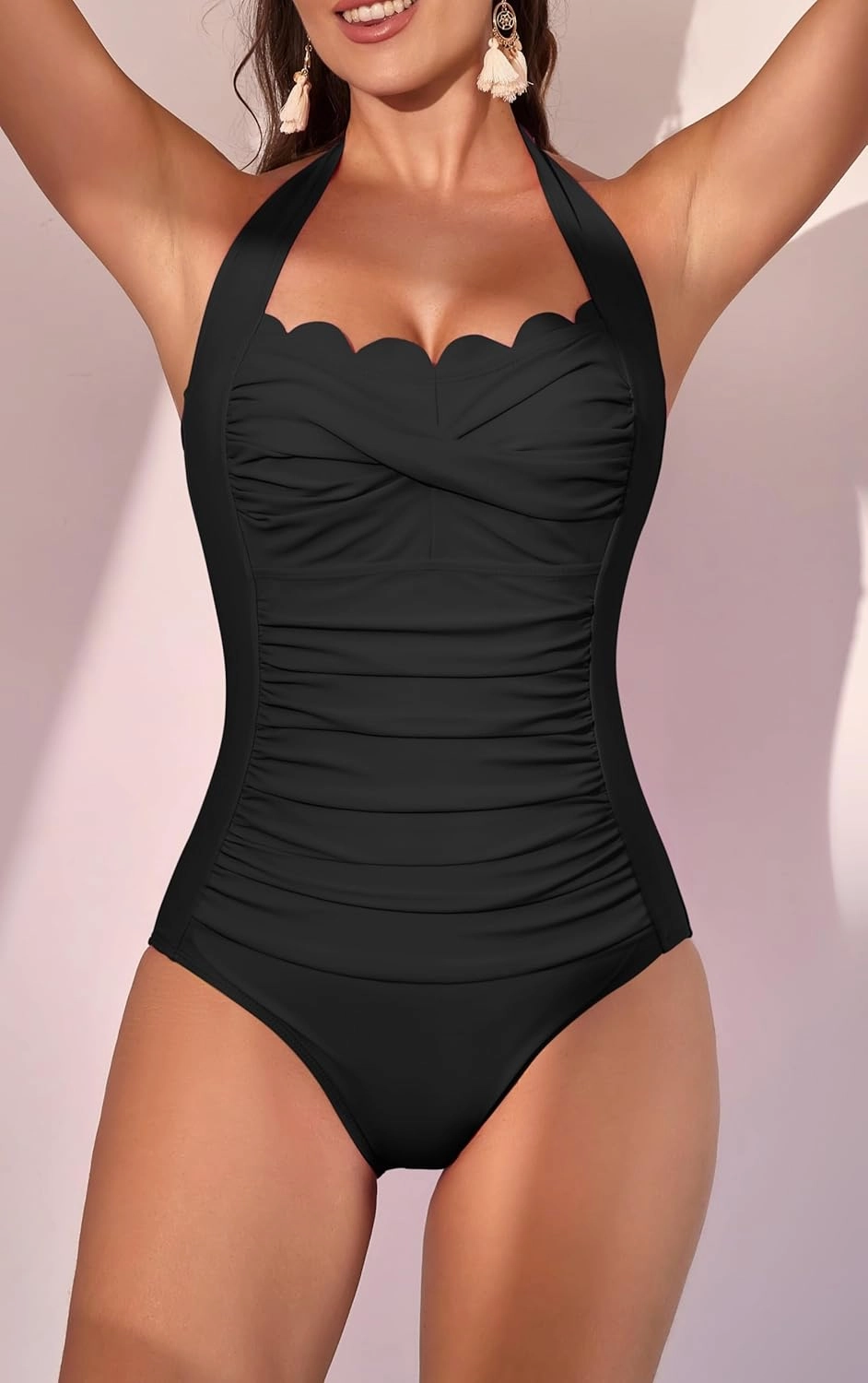 Eomenie Women One Piece Tummy Control Swimsuit Halter Scallop Trim Bathing Suits 1 Piece Vintage Ruched Slimming Swimwear