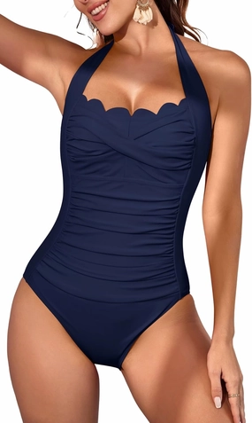 Eomenie Women One Piece Tummy Control Swimsuit Halter Scallop Trim Bathing Suits 1 Piece Vintage Ruched Slimming Swimwear