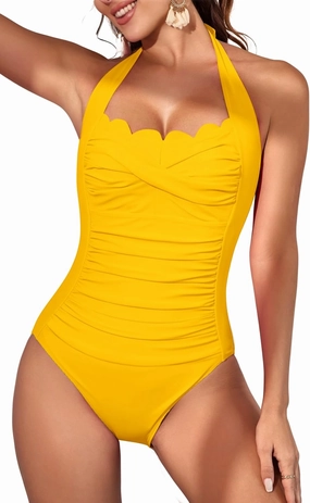 Eomenie Women One Piece Tummy Control Swimsuit Halter Scallop Trim Bathing Suits 1 Piece Vintage Ruched Slimming Swimwear