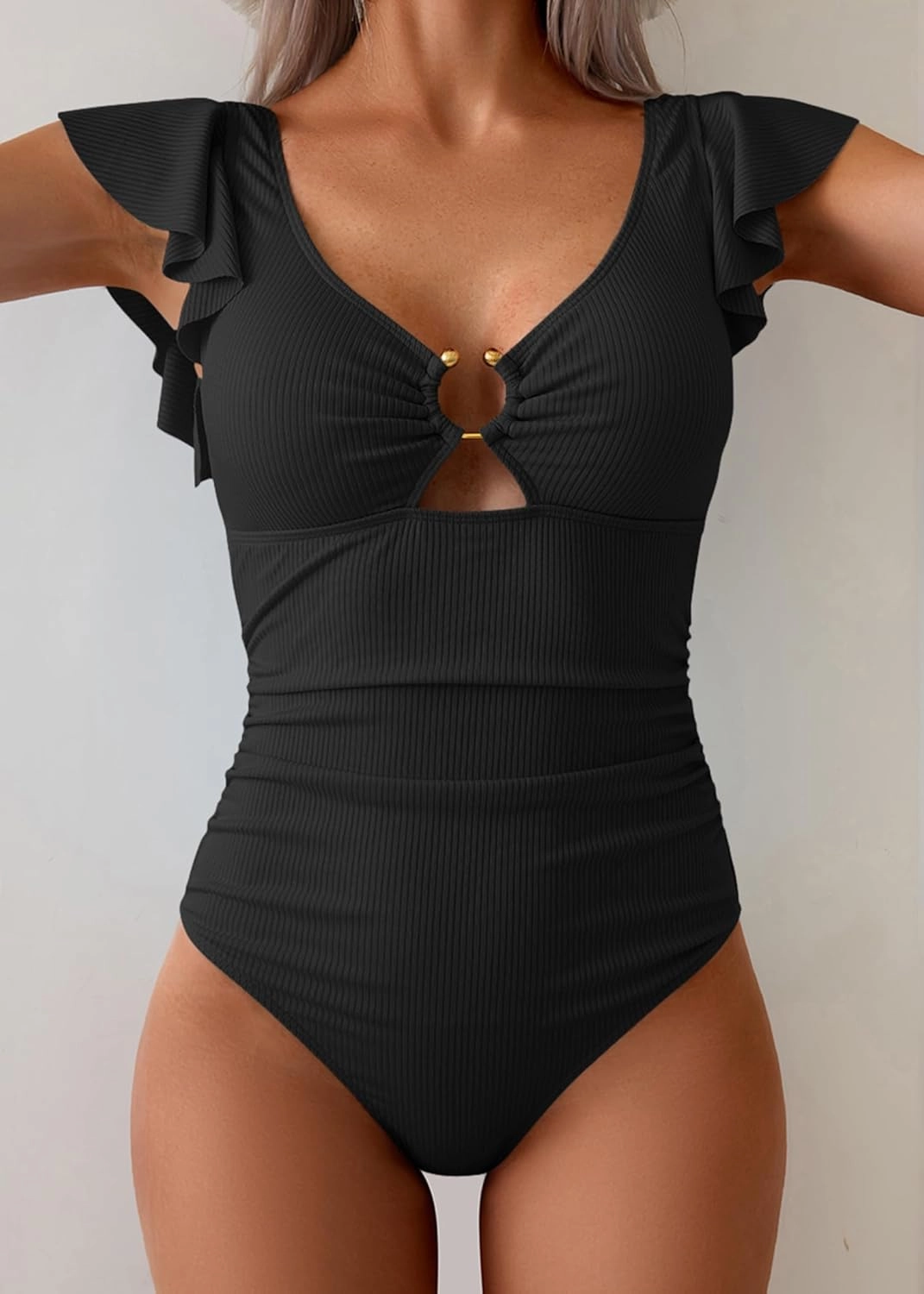 Eomenie Women's One Piece Swimsuit Tummy Control Bathing Suit Cutout Ruffle Slimming Swim Suit