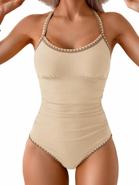 Eomenie Women's One Piece Swimsuit Tummy Control Slimming Bathing Suit Ruched Swimwear Tie Back Shell Stitch Swim Suit