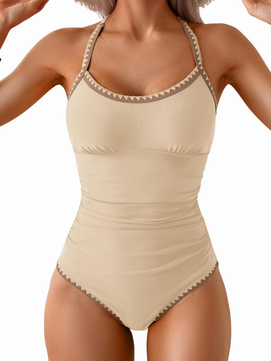 Eomenie Women's One Piece Swimsuit Tummy Control Slimming Bathing Suit Ruched Swimwear Tie Back Shell Stitch Swim Suit