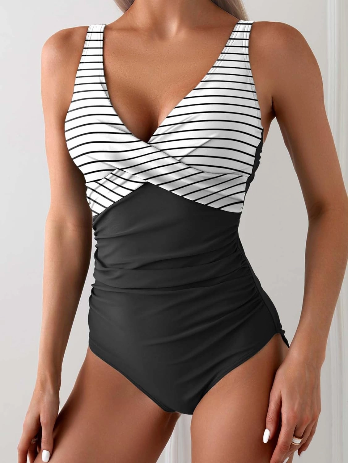 Eomenie Women's One Piece Swimsuits Tummy Control Ruched Push Up Bathing Suit Tie Back Slimming Swimwear