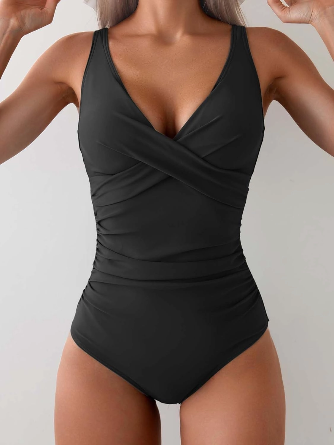 Eomenie Women's One Piece Swimsuits Tummy Control Ruched Push Up Bathing Suit Tie Back Slimming Swimwear