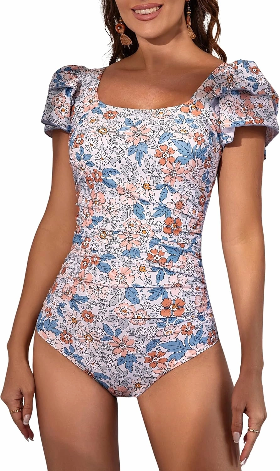 Eomenie Women's Tummy Control One Piece Swimsuit Ruffle Square Neck Bathing Suit Ruched Cutout Back Slimming Swimwear