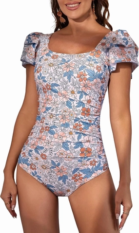 Eomenie Women's Tummy Control One Piece Swimsuit Ruffle Square Neck Bathing Suit Ruched Cutout Back Slimming Swimwear