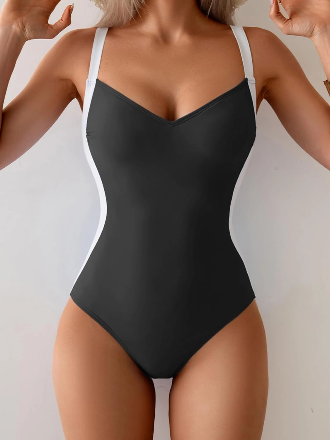 Eomenie Women's Tummy Control One Piece Swimsuit Slimming Lace Up Back Bathing Suit V Neck Swimwear