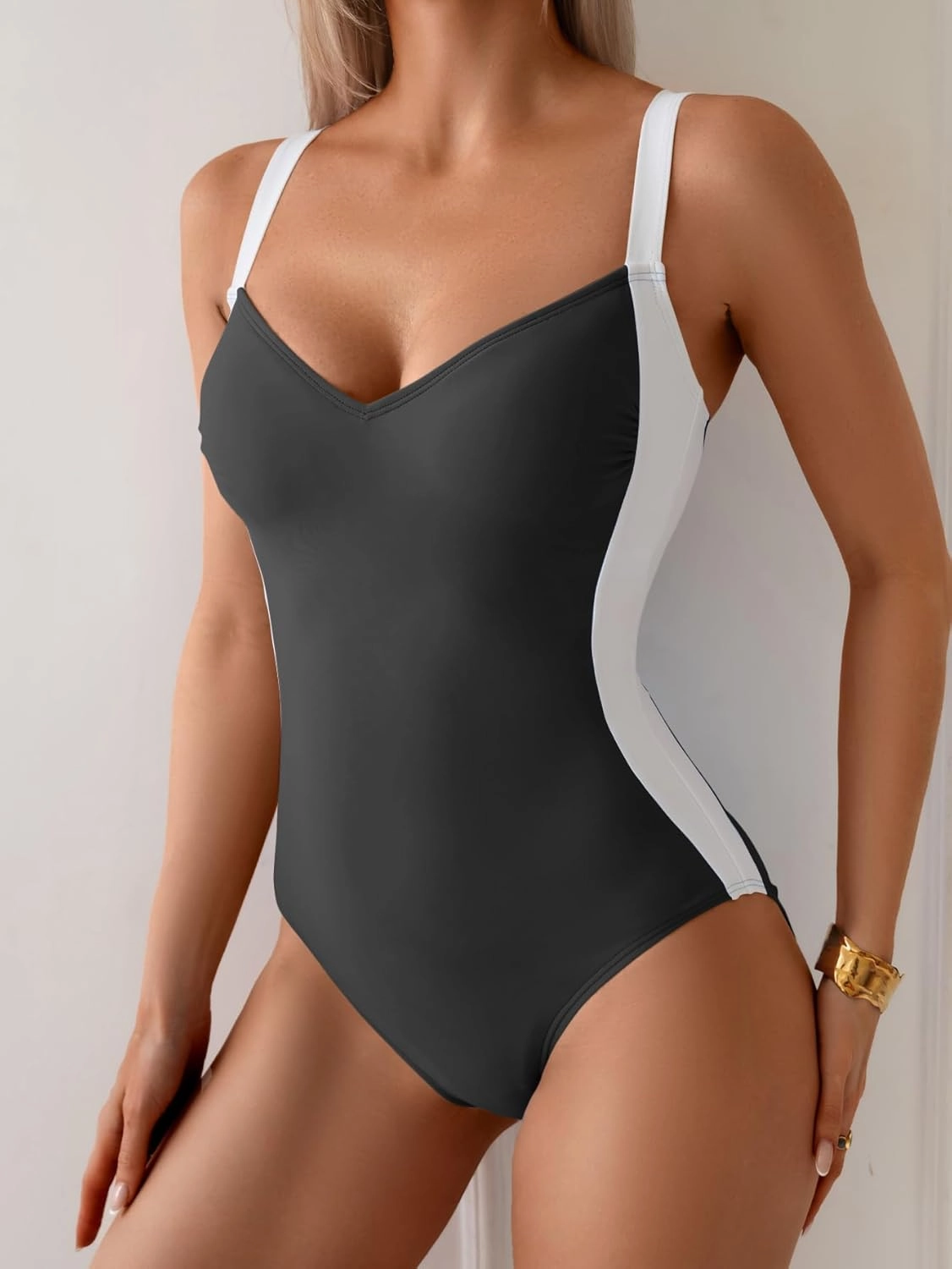 Eomenie Women's Tummy Control One Piece Swimsuit Slimming Lace Up Back Bathing Suit V Neck Swimwear