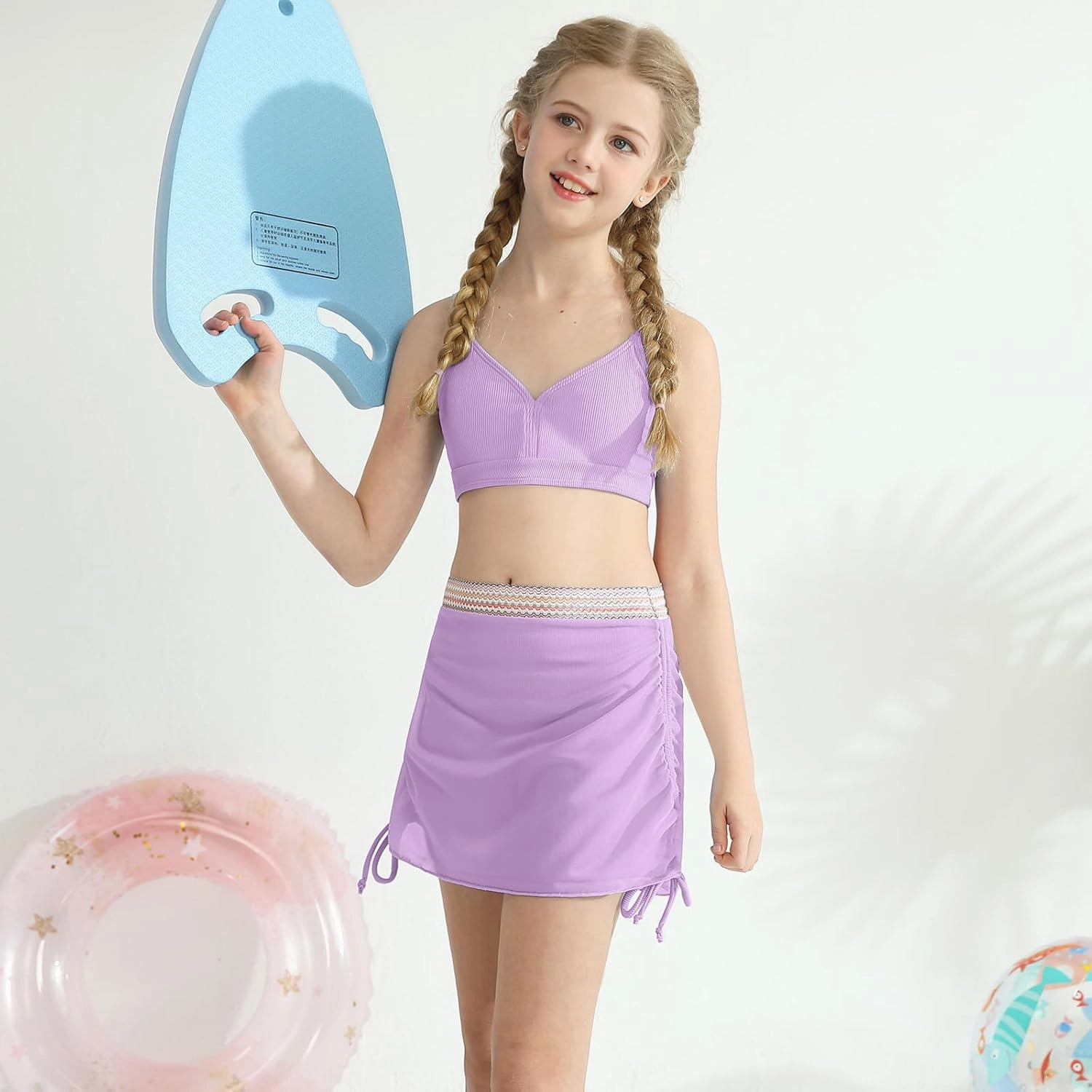 ESHOO Girls Swimsuits Kids 3 Piece Bathing Suit Teen Girls Bikini Swimwear with Drawstring Cover Up Skirt Beach Swimwear