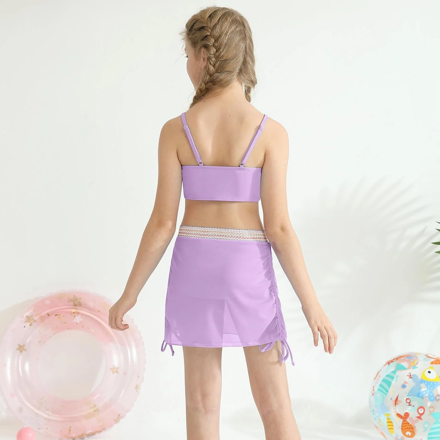 ESHOO Girls Swimsuits Kids 3 Piece Bathing Suit Teen Girls Bikini Swimwear with Drawstring Cover Up Skirt Beach Swimwear