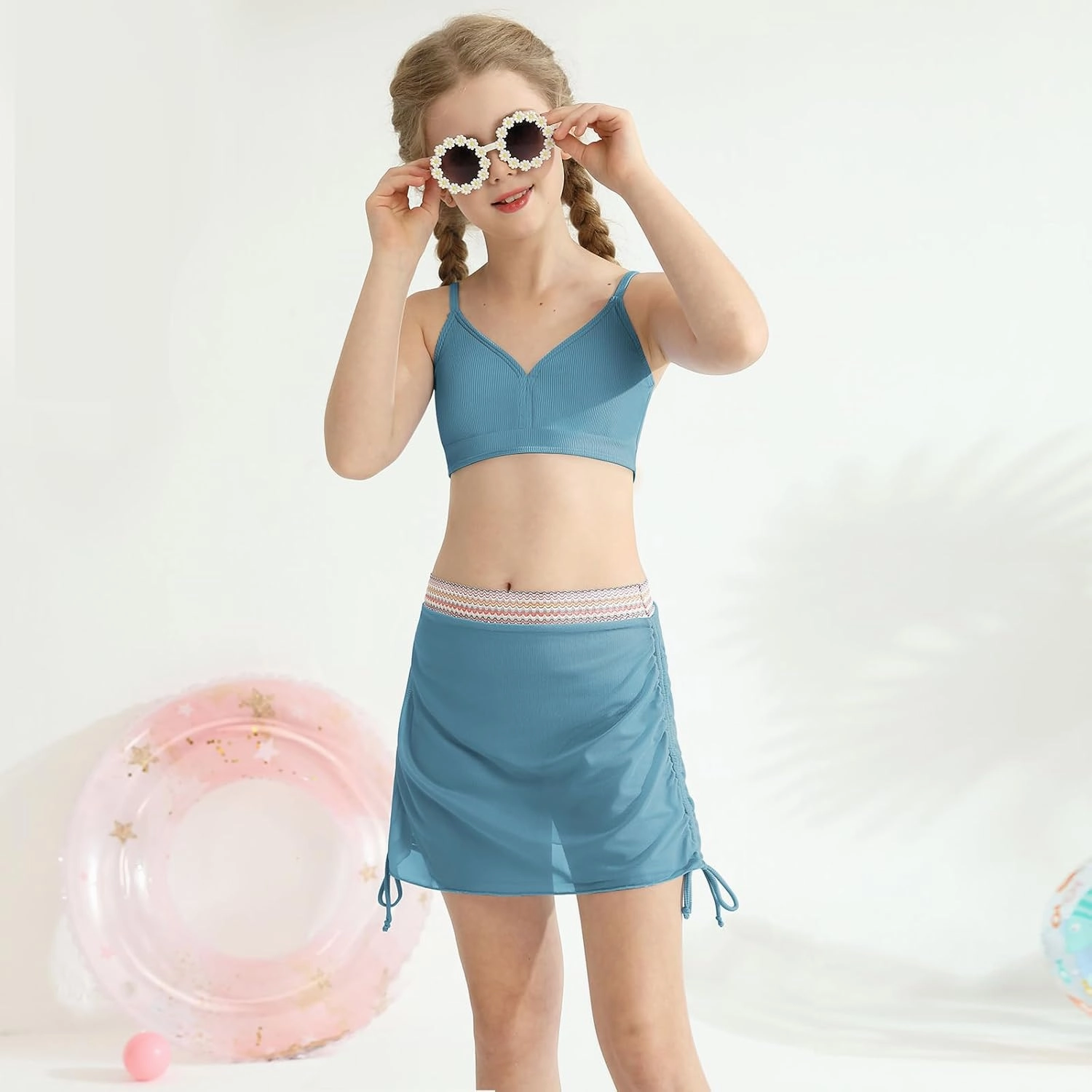 ESHOO Girls Swimsuits Kids 3 Piece Bathing Suit Teen Girls Bikini Swimwear with Drawstring Cover Up Skirt Beach Swimwear