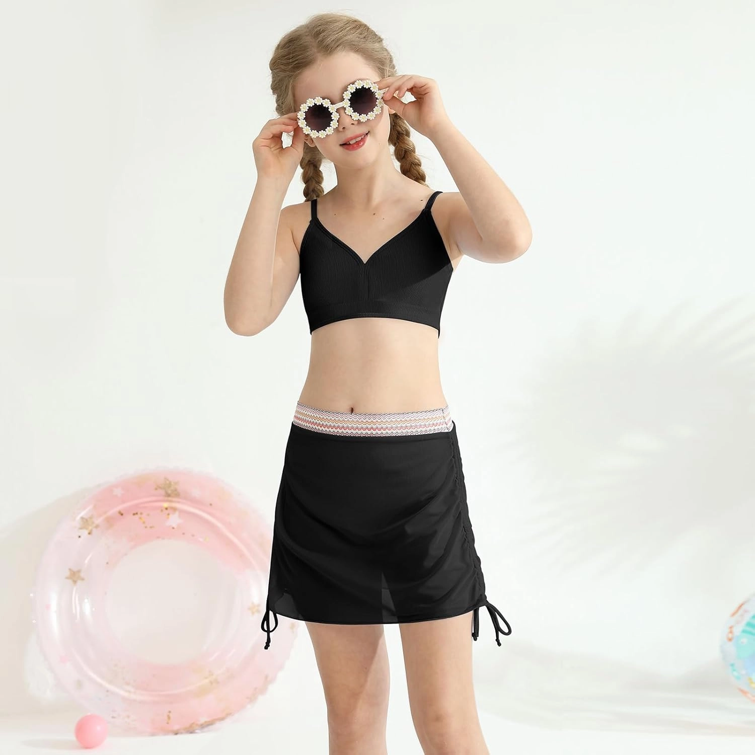 ESHOO Girls Swimsuits Kids 3 Piece Bathing Suit Teen Girls Bikini Swimwear with Drawstring Cover Up Skirt Beach Swimwear