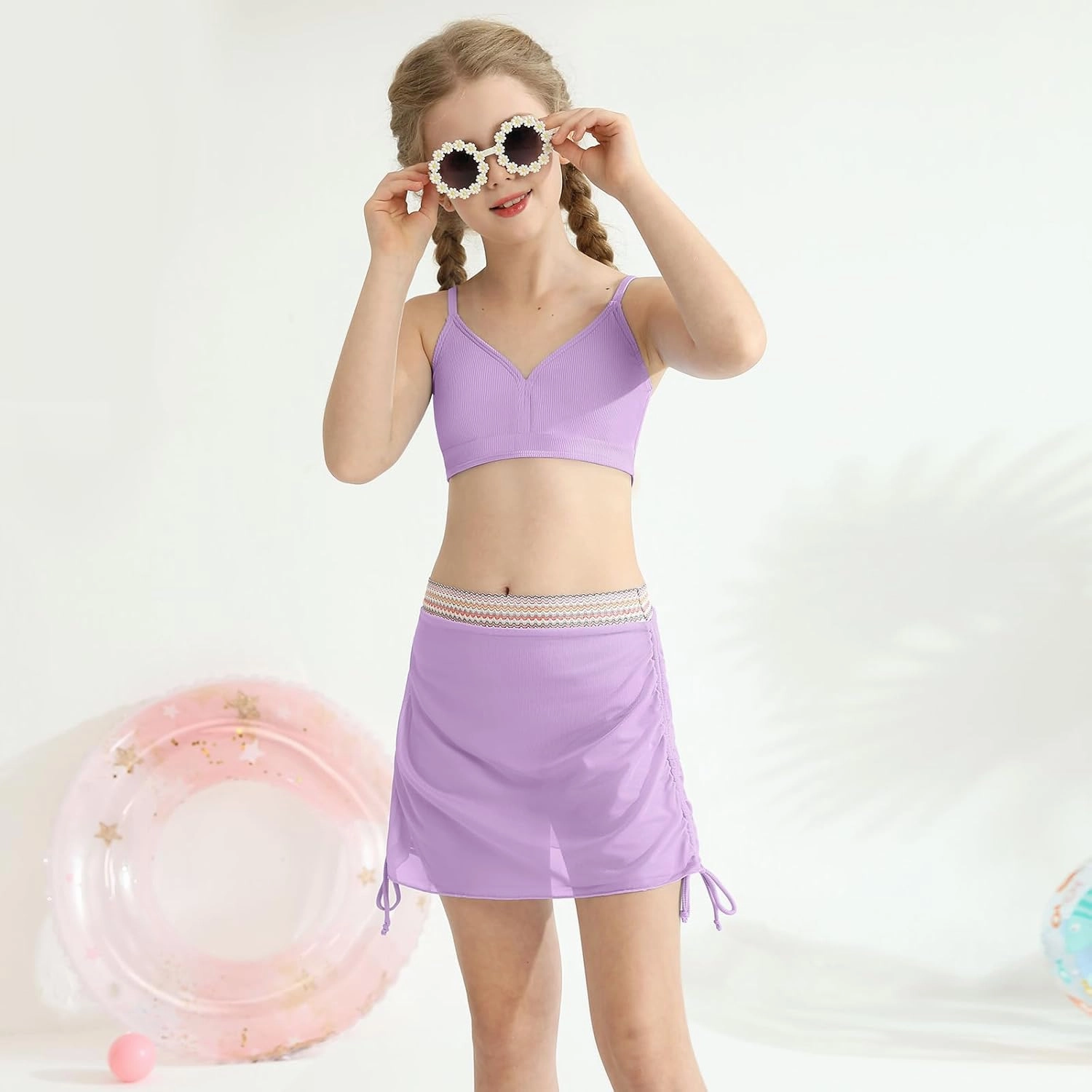 ESHOO Girls Swimsuits Kids 3 Piece Bathing Suit Teen Girls Bikini Swimwear with Drawstring Cover Up Skirt Beach Swimwear
