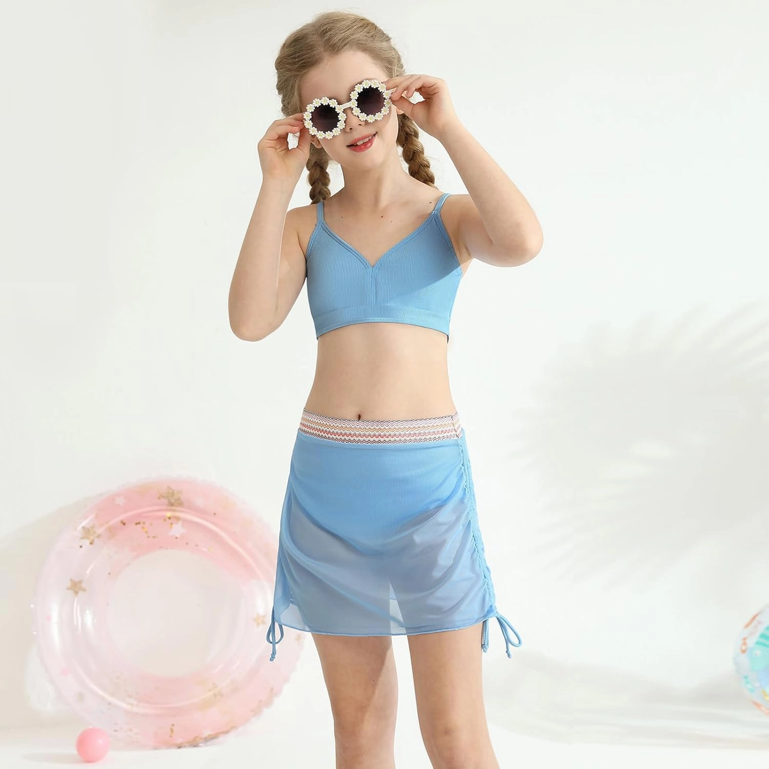 ESHOO Girls Swimsuits Kids 3 Piece Bathing Suit Teen Girls Bikini Swimwear with Drawstring Cover Up Skirt Beach Swimwear