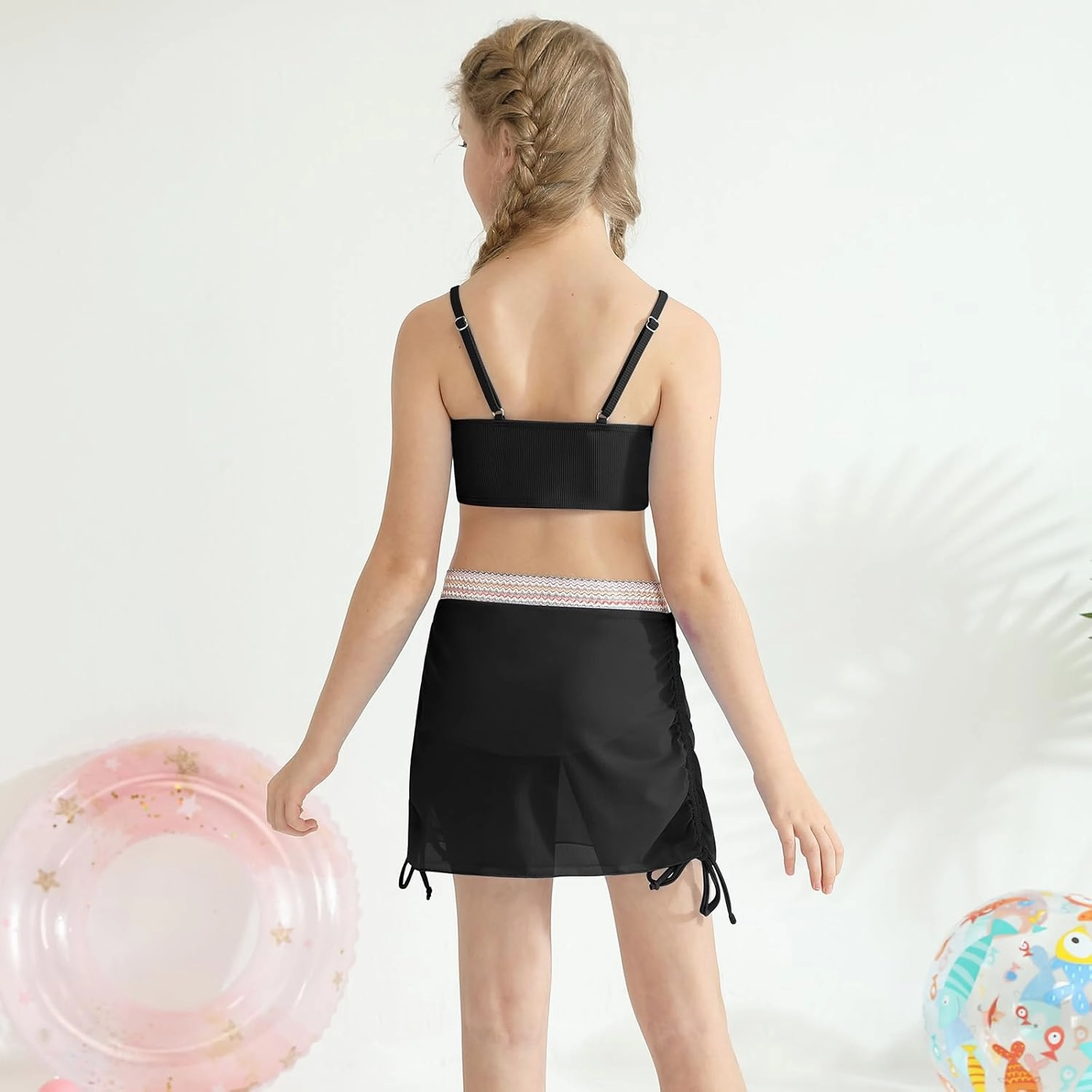 ESHOO Girls Swimsuits Kids 3 Piece Bathing Suit Teen Girls Bikini Swimwear with Drawstring Cover Up Skirt Beach Swimwear