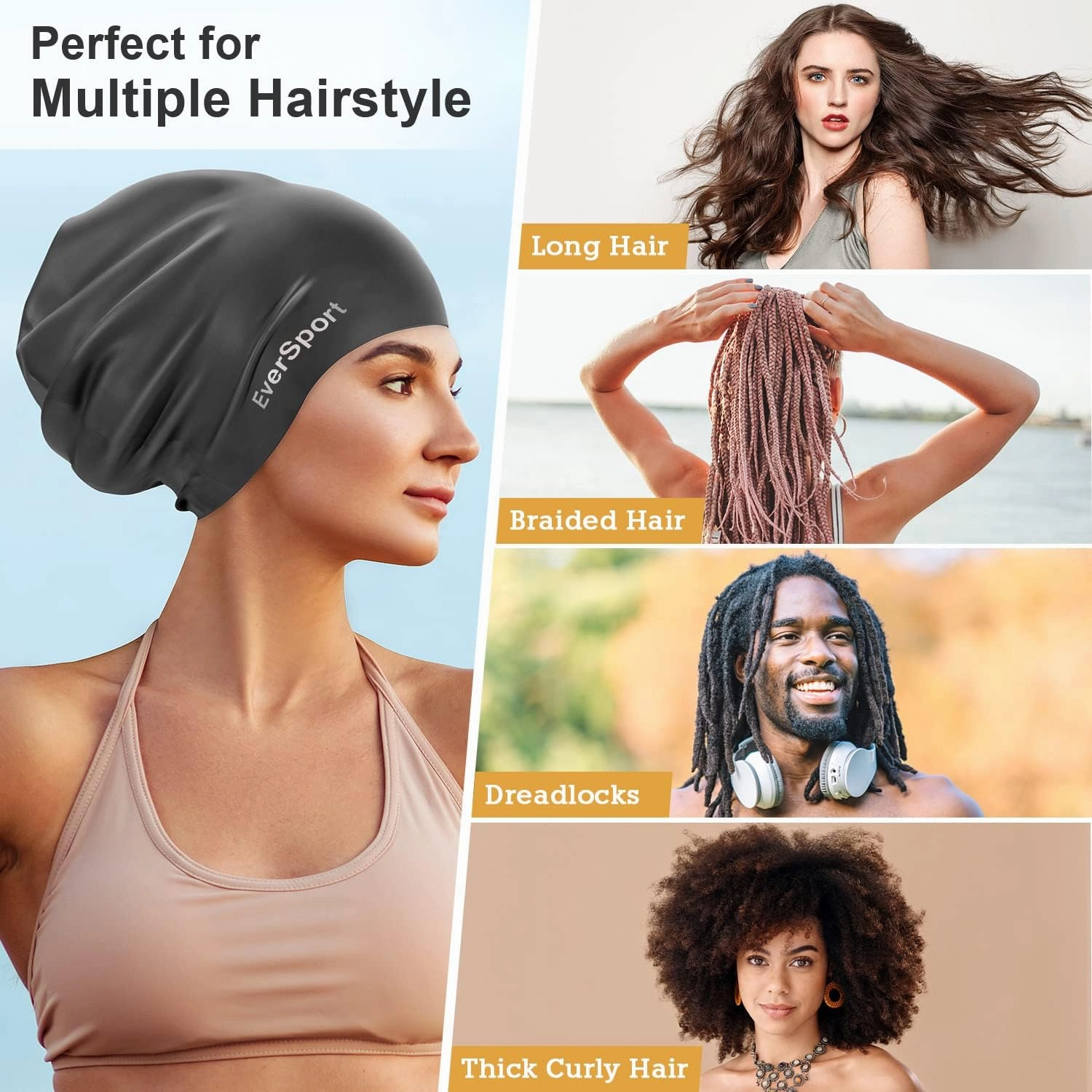 EverSport Large Swim Cap for Braids and Dreadlocks, Waterproof Silicone Swimming Cap for Women Men Keep Hair Dry