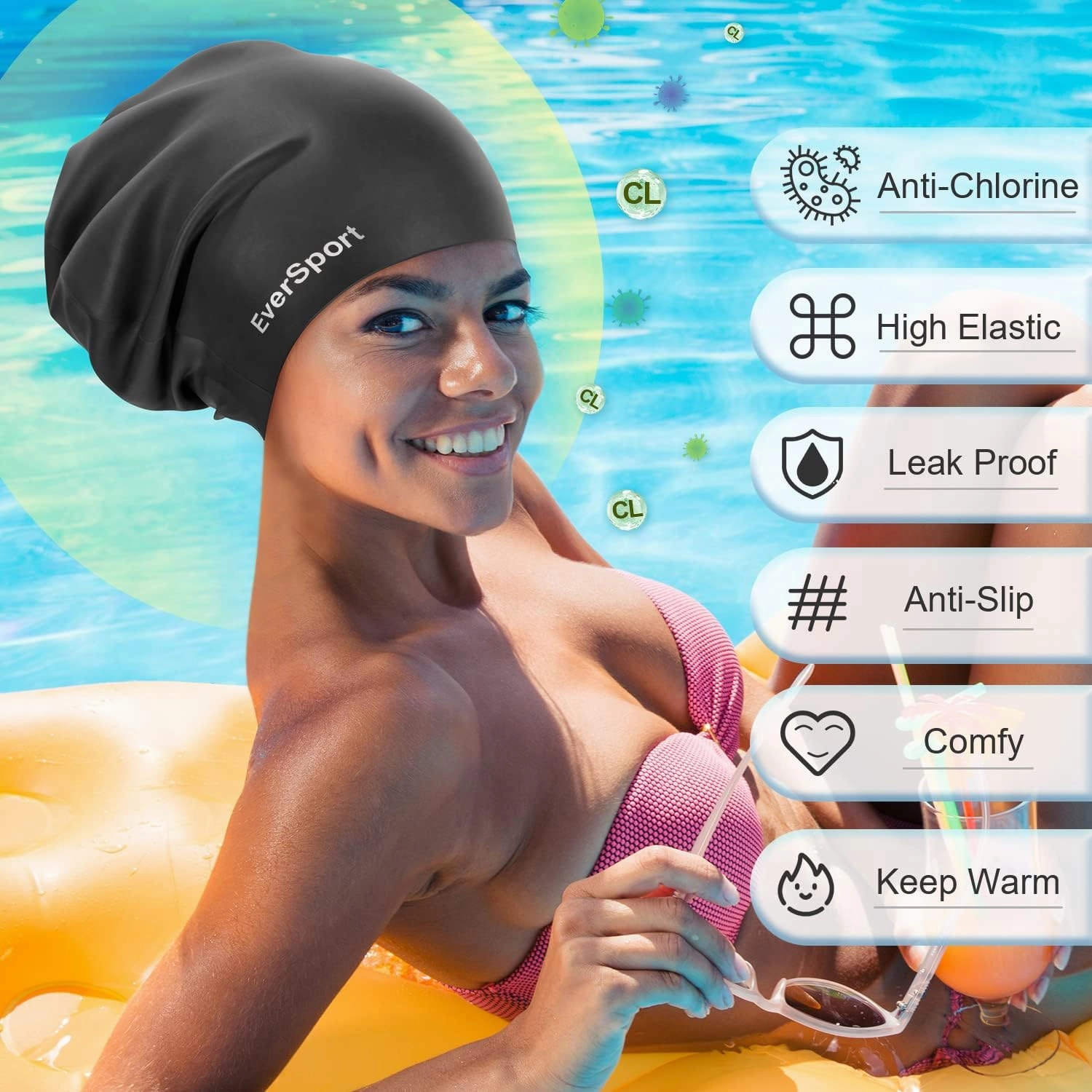 EverSport Large Swim Cap for Braids and Dreadlocks, Waterproof Silicone Swimming Cap for Women Men Keep Hair Dry