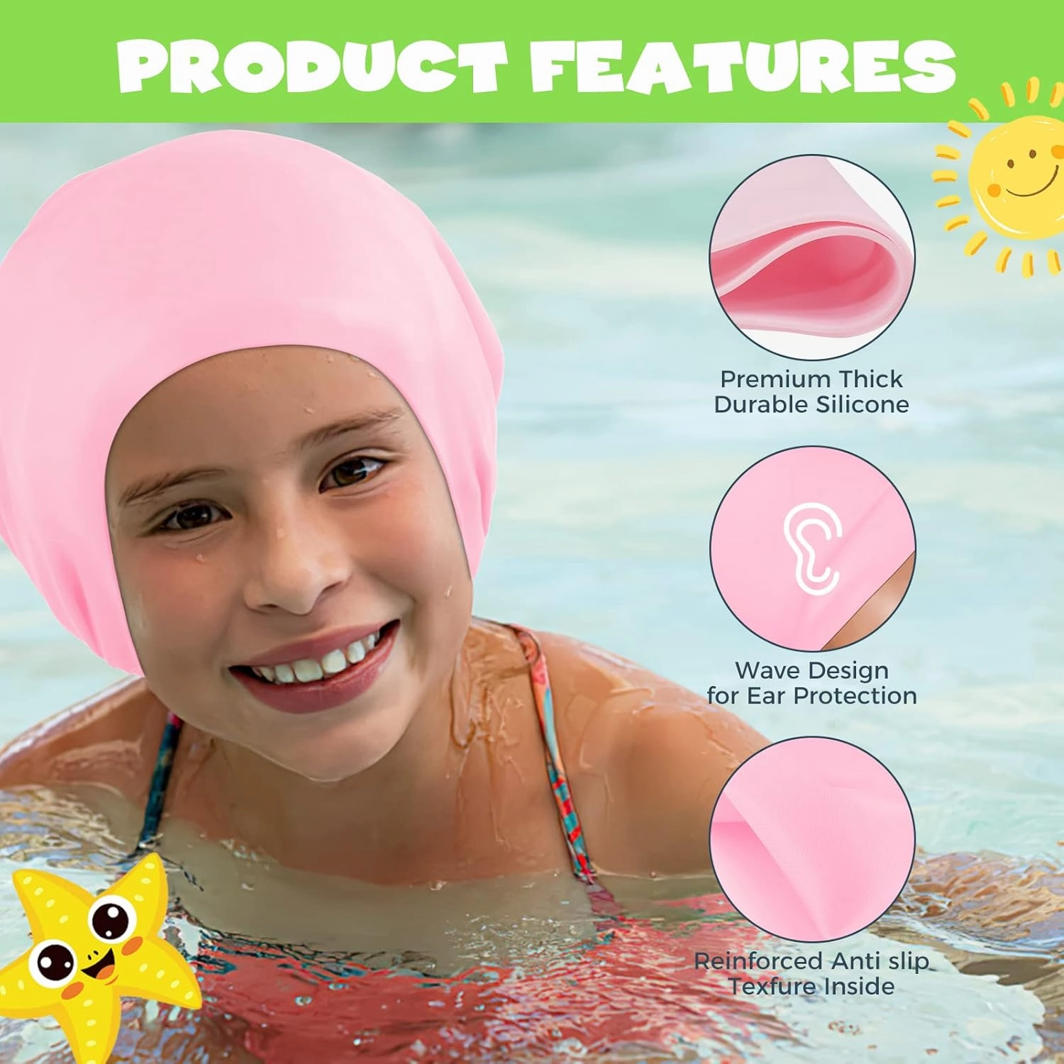 Extra Large Swim Cap for Kids - Silicone, Swim Cap for Long/Short Hair and Braids/Dreadlocks, Girls/Boys 6-14