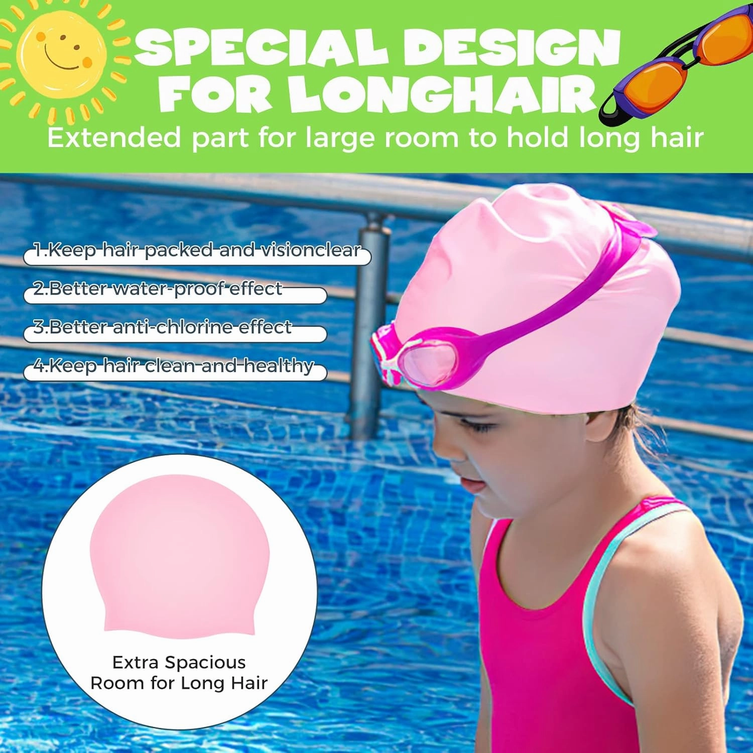Extra Large Swim Cap for Kids - Silicone, Swim Cap for Long/Short Hair and Braids/Dreadlocks, Girls/Boys 6-14