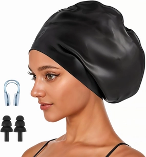 Extra Large Swim Cap for Long Hair & Swim Cap Women Adult - Silicone Swimming Hat for Braids, Dreads, Weaves & Extensions with Ear Plugs & Nose Clip (8.66in Opening, Black)