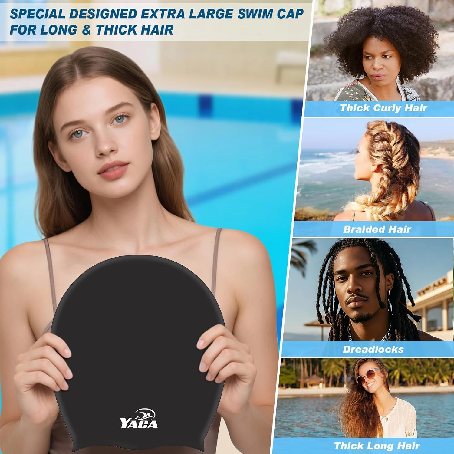 Extra Large Swim Cap Women Adult, Swim Caps for Long Hair, Dreadlocks, Weaves, Hair Extensions, Braids, Curls & Afros - Silicone Swimming Cap for Women & Men Anti-Leak Seal for Pool, Beach, Laps